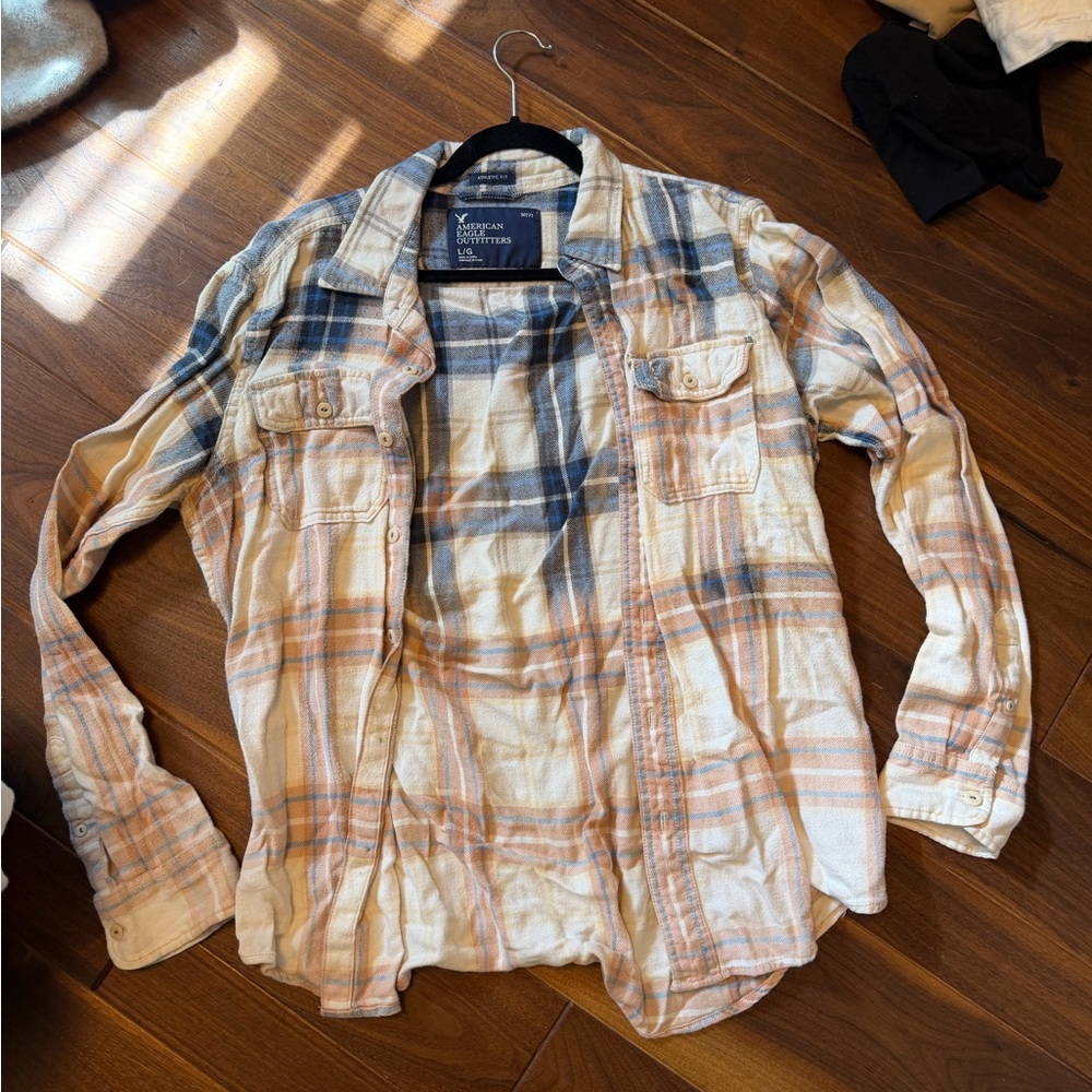 American Eagle Flannel Button-Up Shirt - Cream, Blue & Peach